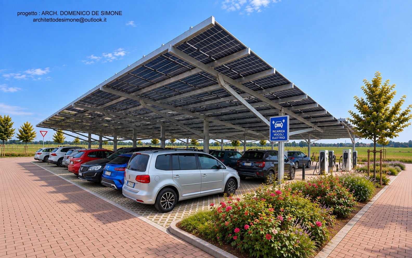 Rendering di dettaglio del parcheggio fotovoltaico con struttura, pensiline e colonnine di ricarica