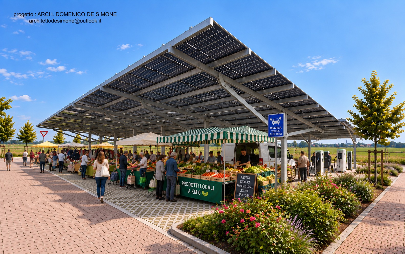 Rendering della piazza del mercato coperta dalle pensiline fotovoltaiche