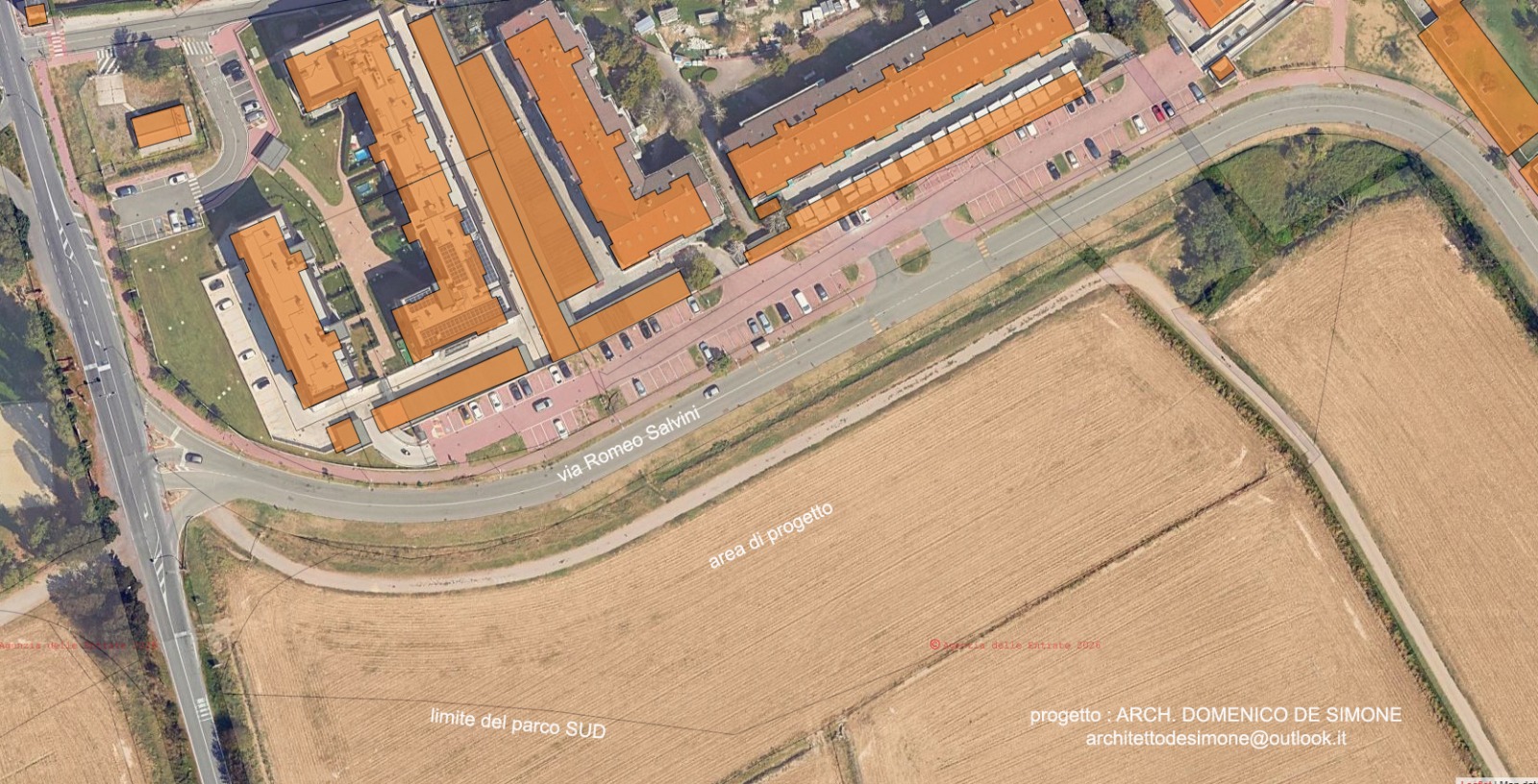 Planimetria aerea dell'area di progetto allo stato di fatto, campo agricolo lungo via Romeo Salvini