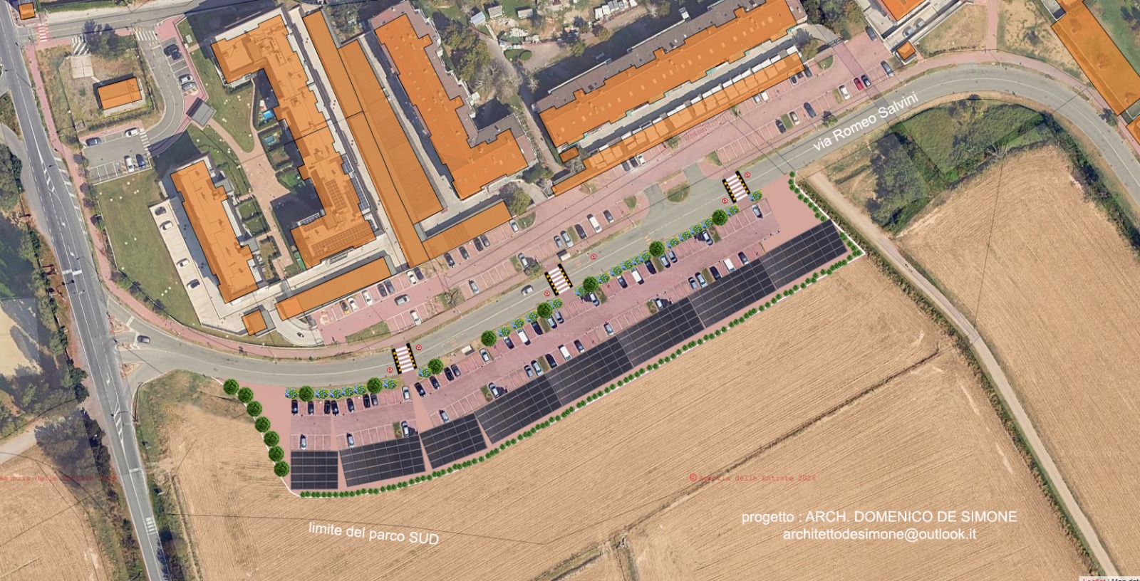 Planimetria aerea con il parcheggio fotovoltaico di progetto sovrapposto all'area