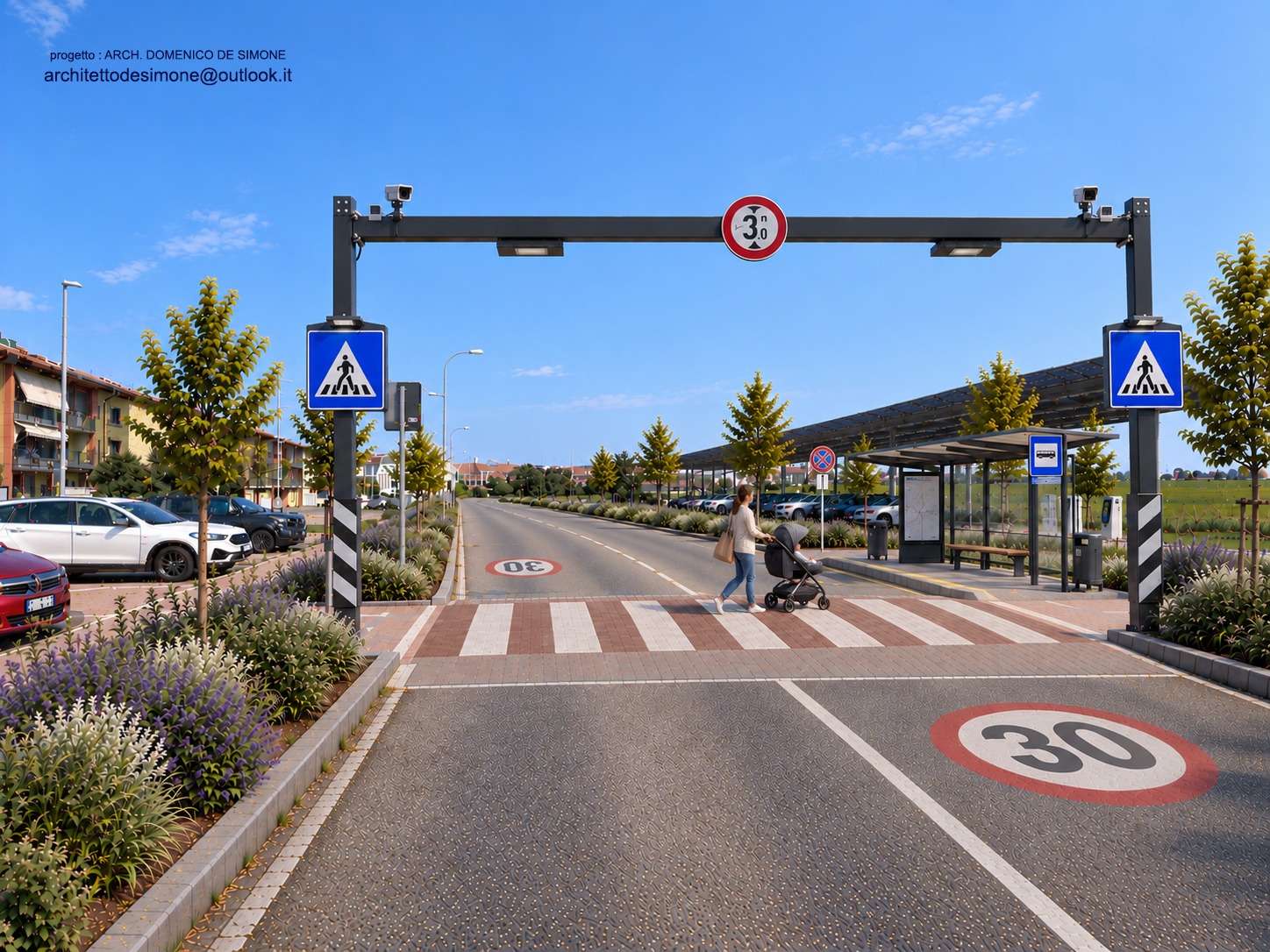Rendering di via Romeo Salvini dopo l'intervento, con zona 30 e pensiline fotovoltaiche